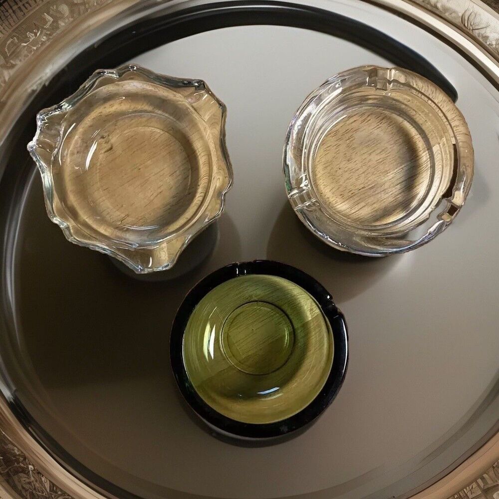 3 Vintage Ashtrays Green And 2 Clear Glass Scalloped Edge Grannycore Prop READ
